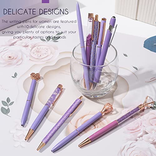 10 Pcs Purple Glitter Ballpoint Pens,Comfortable Writing Pens,Metal Retractable Pretty Journaling Cute Pens Bulk, Black Ink Medium Point (1.0mm)