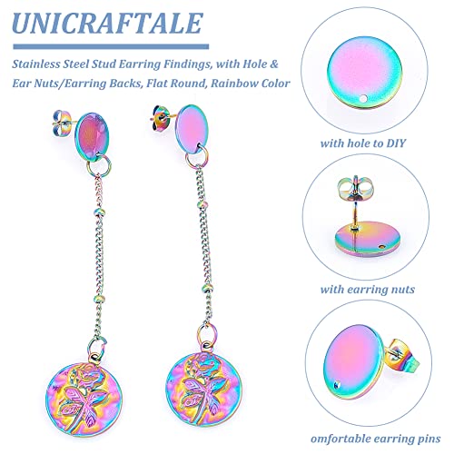 UNICRAFTALE About 24Pcs 3 Sizes 304 Stainless Steel Stud Earring Findings with Ear Nuts 0.8mm Pin Hypoallergenic Flat Round Earring Post with Hole Rainbow Earring Studs Components for Earring Making