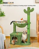 PAWZ Road Cactus Cat Tree 102cm Cat Tower Cat Scratching Post with Cat Condo, Large Hammock and Dangling Balls for Indoor Cats