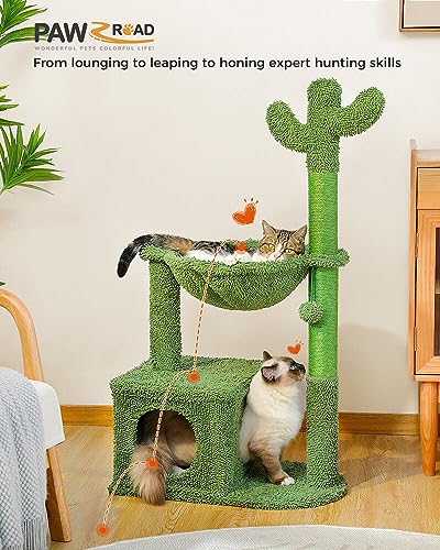 PAWZ Road Cactus Cat Tree 102cm Cat Tower Cat Scratching Post with Cat Condo, Large Hammock and Dangling Balls for Indoor Cats