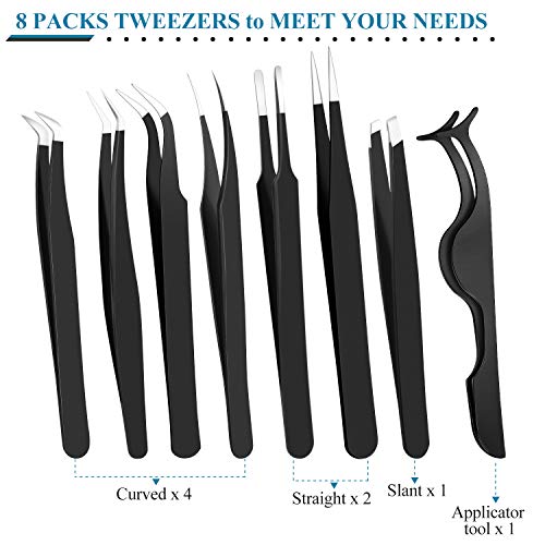 8 Pieces Eyelash Extension Tweezers Set Straight and Curved Tip False Lash Tweezers Eyelash Applicator Tool Stainless Steel Precision Tweezers for Eyelash Extension with Velvet Bag (Black)