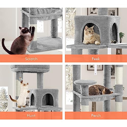 BEASTIE 143cm Multi-Level Cat Tree Tower with Scratching Posts, Sisal-Covered Cat Condo Play House Wood Furniture with Plush Perch, Light Grey Cat Scratcher Tower for Kittens Climbing and Rest