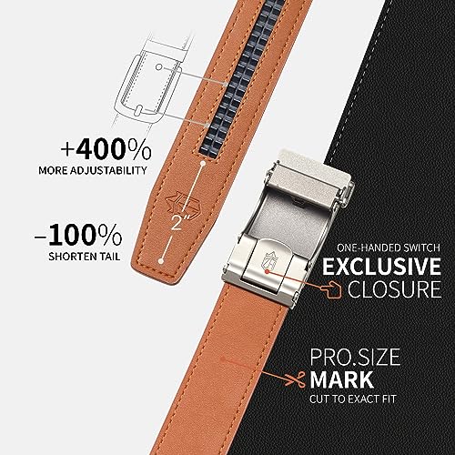 Zitahli Mens Belt Leather - Ratchet Belt for Men Dress Pant Shirt Oxfords,Micro Adjustable Black Brown Belt,Trim To Fit, Brushed Metal-brown 01, 34" to 40" Waist Adjustable