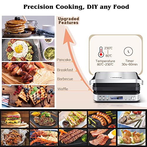 AMZCHEF 4-in-1 Machine (Contact Grill, Griddle, Waffle Iron, Sandwich Maker) - 2000 W, with 4 Non-Stick Removable Plates, with Freely Adjustable Time and Temperature - XXL