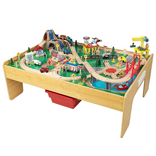 KidKraft Adventure Town Wooden Train Table with Storage Boxes, Train Track Set with Wooden Toy Cars, Crane, Helicopter, Airplane and Accessories Included, Kids’ Toys, 18025