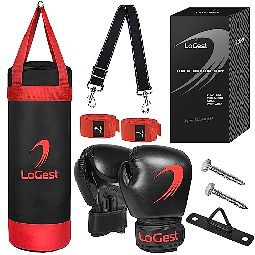 LoGest Punching Bag for Kids Boxing Set - Suitable for Kids Punching Bags 3-8 Years of Age - Boxing Gloves & Hand Wraps Included - Youth Children Boxing MMA Kickboxing Muay Thai Karate Punching Bag