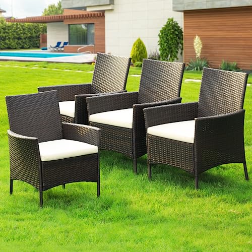 IDZO Wicker Dining Chairs Set of 4, 400Ibs Capacity All-Weather Outdoor Patio with Powder Coated Steel Frame, Removable Seat Cushion, Easy Assembly, 24.5" D x 25.75" W x 34.5" H, Multi-Brown