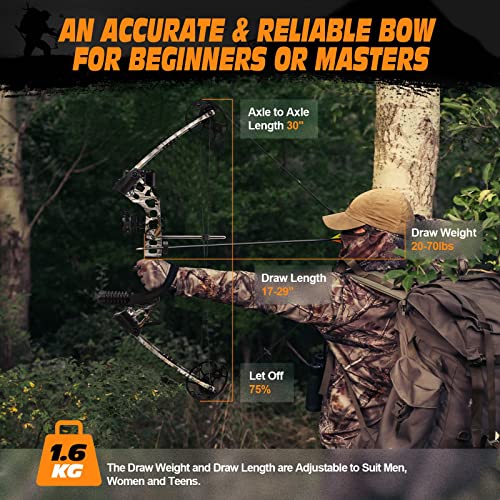 20-70lbs Compound Bow Arrow Set Archery Hunting Target Shooting RH Adjustable 320fps Masters Beginner Bow Kit,Outdoor Fishing,Camo