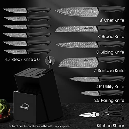 Amorston Knife Set, 15 Pieces Kitchen Knife Set with Built in Knife Sharpener Block, Dishwasher Safe, German Stainless Steel Knife Block Set