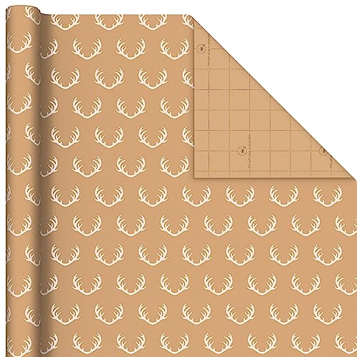 Hallmark Recyclable Kraft Wrapping Paper with Cut Lines (3 Rolls: 90 Sq. Ft. Ttl.) Minimalist Christmas, White Trees, Deer Antlers, Snowflakes on Brown Kraft for Holidays, Weddings, Winter Solstice, 30 Sq Ft (0005JXW1210)