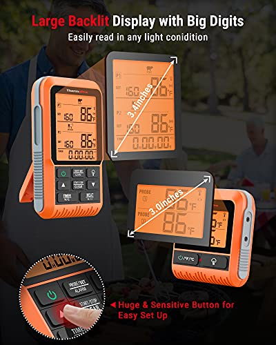 ThermoPro TP826 500FT Wireless Meat Thermometer, Dual Meat Probe Cooking Thermometer with HI/Low Alert& Kitchen Timer, IPX4 Food Grill Thermometer, BBQ Smoker Thermometer for Oven,Grilling Gifts