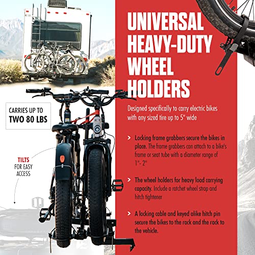 Hollywood Racks RV Rider Hitch Bike Rack for 2 E-Bikes up to 80 lbs Each - Premium Electric Bike Rack for RV, Fifth Wheel, Flat Towed Vehicle - Durable EBike Rack for Standard and Fat Tire Bikes
