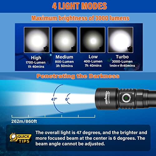 ORCATORCH D710 Scuba Diving Light, 3000 Lumens Super Bright Underwater Flashlight with 6 Degrees Narrow Beam, IP68 Waterproof Night Dive Torch 150 Meters Submersible Light