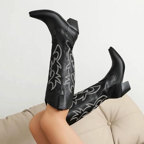 Zzheels Embroidered Western Cowboy Boots for Women Ankle High Cowgirls Low Chunky Heel Pointed Toe Pull-On Fashion Classic Boots, Knee Black-white, 7.5