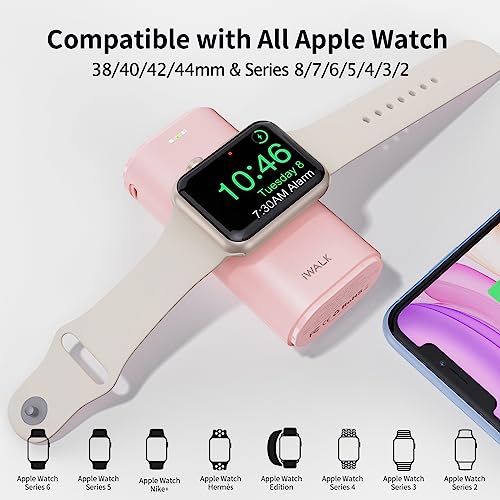 iWALK Portable Apple Watch Charger, 9000mAh Power Bank with Built in Cable, Apple Watch and Phone Charger, Compatible with Apple Watch Series 7/6/Se/5/4/3/2, iPhone14/13/12/12 Pro Max/ 11/6s, Pink