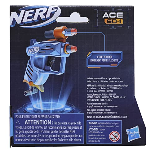 Nerf Elite 2.0 Ace SD-1 Blaster, 2 Official Nerf Elite Darts, Onboard 1-Dart Storage, Stealth-Sized, Pull-Down Priming Handle, Easy to Use