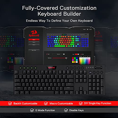 Redragon K618 Horus Wireless RGB Mechanical Keyboard, Bluetooth/2.4Ghz/Wired Tri-Mode Ultra-Thin Low Profile Gaming Keyboard w/No-Lag Cordless Connection, Dedicated Media Control & Linear Red Switch