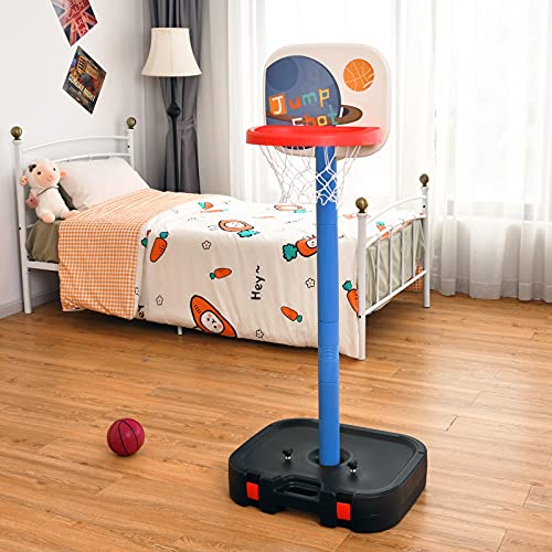 BABY JOY Kids Basketball Hoop Stand, Toddler Basketball Hoop Toy, 2 in 1 Basketball Set with Ring Toss, Portable Basketball Stand with Adjustable Height, Suitable for Indoor and Outdoor Use