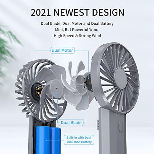 SmartDevil Mini Handheld Fan, Dual-Bladed Handheld Fan, Small Personal Portable Fan with 4000mAh Rechargeable Battery Operated, Powerful Wind,3 Speed Adjustable,Lanyard Fan for Outdoor & Home (Grey)