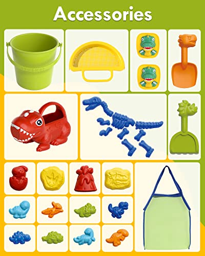 Lehoo Castle Beach Toys, Sand Toys for Kids 30 Pcs, Dinosaur Beach Sand Toy with Sand Molds Beach Bucket Sand Shovel Mesh Bag, Summer Outdoor Beach Supplies