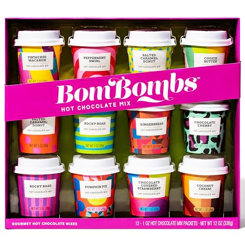 BomBombs, Hot Chocolate Mix Gift Set with Mini Cup Packaging, Dessert Flavours Include Rocky Road, Cookies Butter, Pumpkin Pie & More, Set of 12