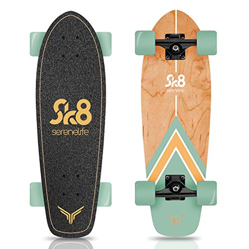 SereneLife Complete Standard Skateboard Mini Cruiser - 6 Ply Canadian & Bamboo Maple Deck Complete Double Kick Skate Board W/ 5" Aluminum Trucks - for Kids, Teens, Adults - SL5SBGR (Aqua)