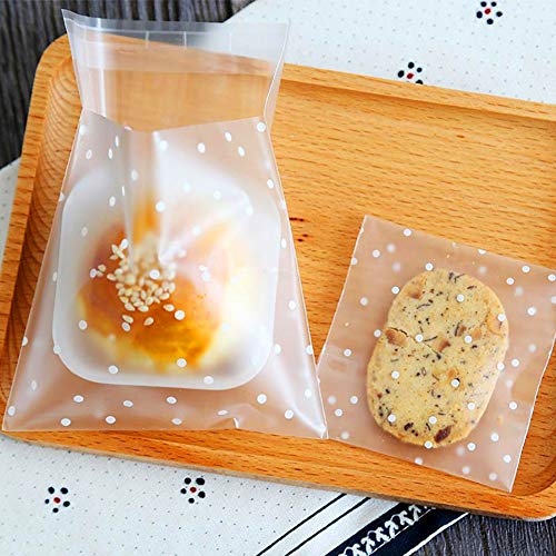 AOOTOOSPORT 200 Pack DIY Self Adhesive Plastic Transparent Candy Cookie Gift Bag Reclosable White Polka Dot Self Sealing Packaging Bags 4" x 4"