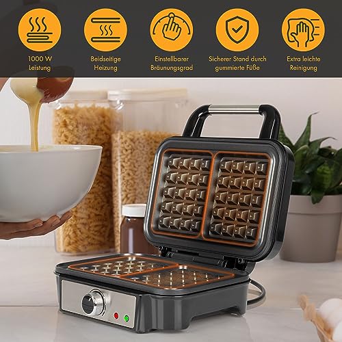 ProfiCook® Waffle iron for Belgian waffles with 2 baking surfaces, waffle iron, Belgian waffle, non-stick baking surface, infinitely selectable browning level, stainless steel, 1000 watts, PC-WA 1240