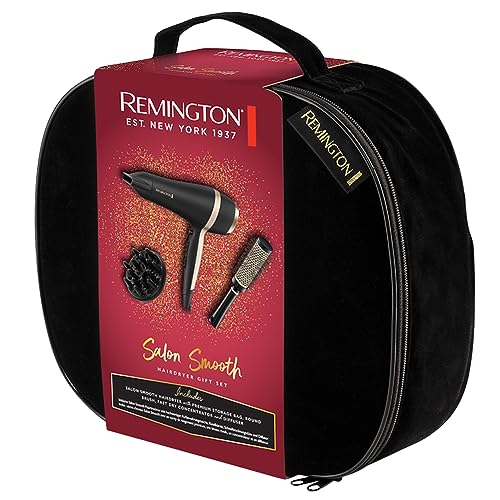 Remington Salon Smooth Hair Dryer Gift Pack, D6940AU, 2100 W, Includes Styling Essentials, Ceramic Ionic Grille, Adjustable Heat and Speed Settings, Black