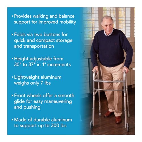 Carex Folding Walker for Seniors - Adult Walker With Wheels - Portable Medical Walker with Adjustable Height, 30-37 Inches