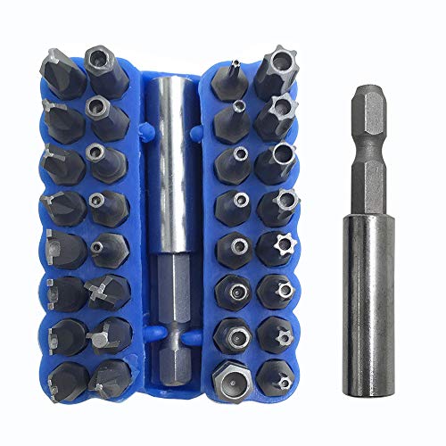 34 Pcs Screwdriver Bit Set with Magnetic Extension Bit Holder, FineGood Security Anti-Tamper SAE Metric Hex Tri-wing Torq Spanner Star Bit - Blue