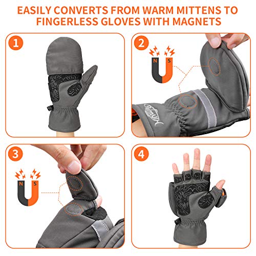 Palmyth Ice Fishing Gloves Convertible Mittens Flip Fingerless Mitt with Thinsulate 3M Warm for Cold Weather and Winter Men Women Photography Running Camera (Gray, X-Small)
