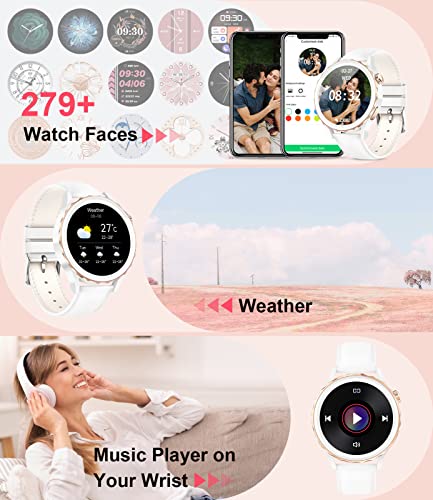 LIGE Smart Watch for Women Bluetooth Call, 2023 Newest Smartwatch with Heart Rate Sleep Monitor,100+ Sports, Message Reminder, IP68 Waterproof Sports White Leather Ladies Smart Watch for Android iOS
