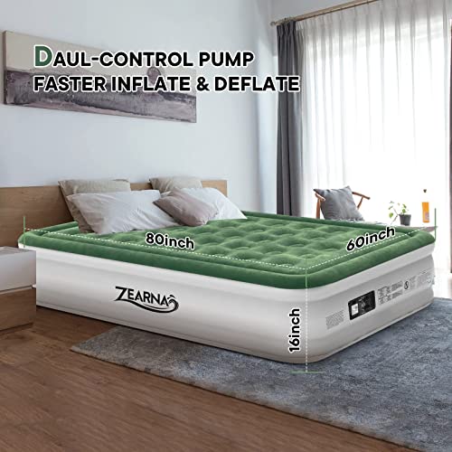 Zearna Queen Air Mattress with Built-in Pump for Home, Camping & Guests - 16” Queen Size Inflatable Airbed Double High Adjustable Blow Up Mattress, Durable Portable Waterproof