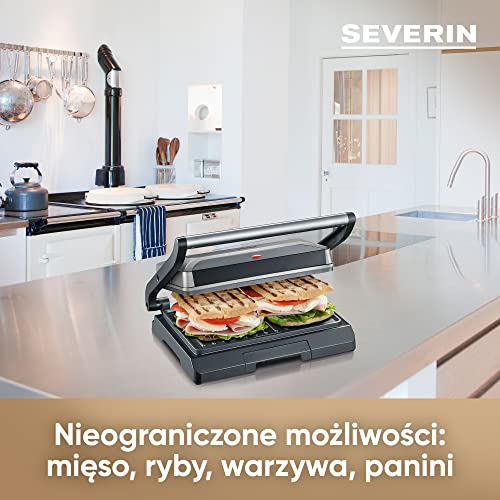 SEVERIN Contact Grill for Sandwiches, Steak and Panini Grill, Non-Stick Sandwich Maker for Grease-free Grilling, 800 W, Metallic Grey/Black, KG 2394