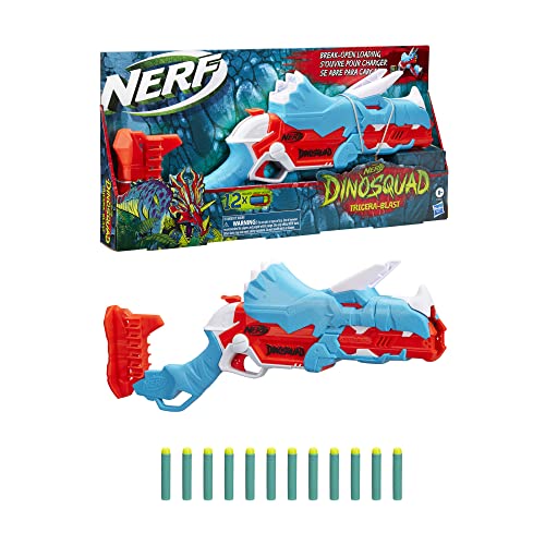 Hasbro NERF DinoSquad - Tricera-Blast Dart Blaster - US Version - TriceraTops Dinosaur Design - Break-Open 3-Dart Loading - 12 Official NERF Darts - Dart Storage - Toys for Kids - F0803 -Ages 8+