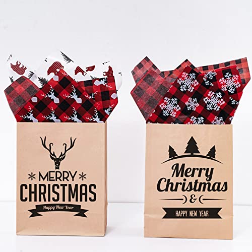 Whaline Christmas Tissue Paper Red Black Plaid Wrapping Paper Xmas Tree Snowflake Reindeer Gift Wrapping Tissue Paper Rustic Art Paper Crafts for DIY Xmas Winter New Year Party Decor, 100 Sheet