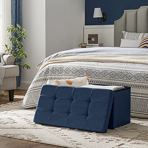 SONGMICS Storage Ottoman Bench, Chest with Lid, Foldable Seat, Bedroom, Hallway, Space-Saving, 80L Capacity, Hold up to 660 lb, Padded, Navy Blue ULSF47IN