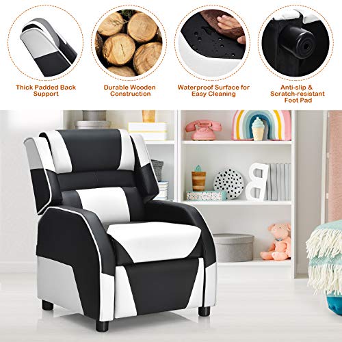 Kids Recliner Chair, Adjustable Recliner Sofa w/Footrest, Headrest & Lumbar Support, w/ Padded Seat, Ergonomic PU Leather Children Armchair for Living & Gaming Room, Racing Style Kids Lounge Couch for Boys & Girls Gift, White & Black