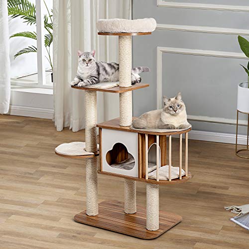 Costway Cat Tree Tower, Multi-Level Cat Tree with Sisal Scratching Post, Condo, Padded Plush Perch & Detachable Soft Cushions, Large Cat Stand Climbing Furniture & Play Center for Large Cats (Beige)
