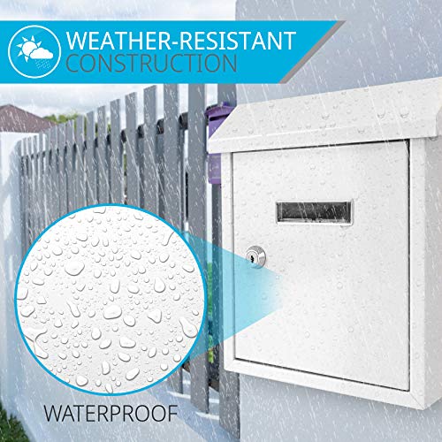 Serenelife SLMAB01 Wall Mount Lockable Mailbox- Modern Outdoor Galvanized Metal Key Large Capacity- Commercial Rural Home Decorative & Office Business Parcel Box Packages Drop Slot Secure Lock, White, 10''x 3.9''x 12.4''