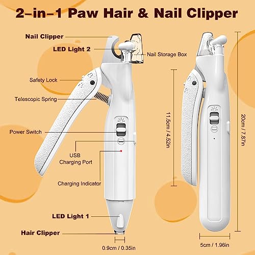 Beedove 2 In 1 Pet Nail Clippers and Trimmers with LED Lights & Nail Storage Box, USB Rechargeable Low Noise, Dog Cat Nail Clippers with Safety Lock for Small Medium Large Dogs Cats Pets