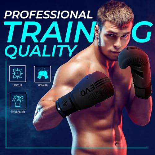 EVO Fitness Matte Black Boxing Gloves Men Punch Bag Women Pink MMA Muay Thai Martial Arts Kick Boxing Sparring Training Fighting Gloves With Hand Wraps (16 OZ, Black)