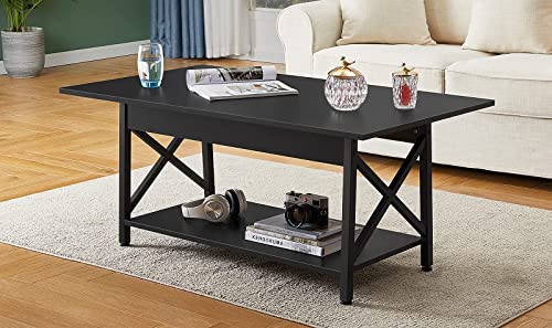 GreenForest Coffee Table Industrial Metal Legs with Storage Shelf for Living Room 43.3" x 23.6", Easy Assembly, Black