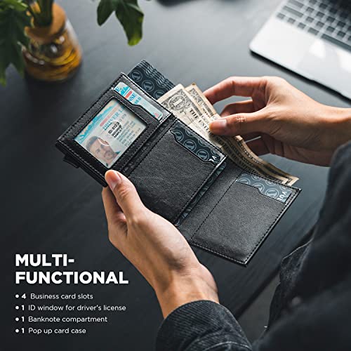 VULKIT Credit Card Holder with Banknote Compartment RFID Blocking Pop up Leather Card Wallet with ID Window for Men or Women(Black)