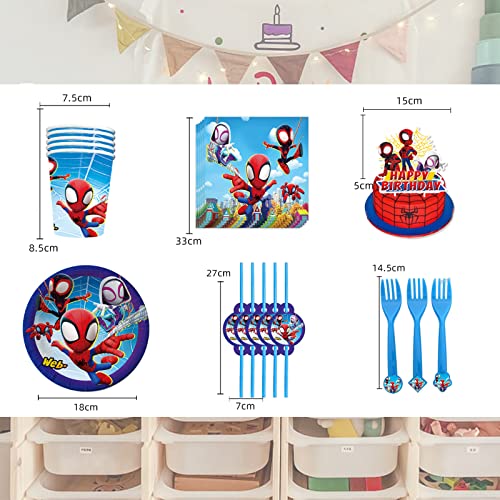 Spider Party Tableware, Spider Party Decorations, Spidey and His Amazing Friends Birthday Party Supplies, Includes Table Cover, Banner, Plates, Napkins, Paper cups,Straws, Fork- Serves 10 Guests
