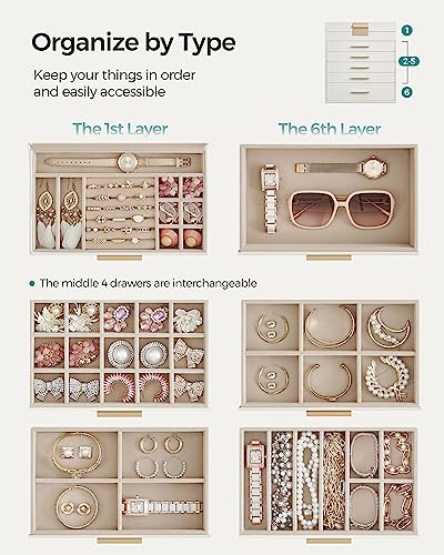 SONGMICS Jewelry Box with Glass Lid, 6-Layer Jewelry Organizer, 5 Drawers, for Sunglasses, Big Jewelry, Jewelry Storage, Modern Style, Cloud White and Gold Color UJBC171W01