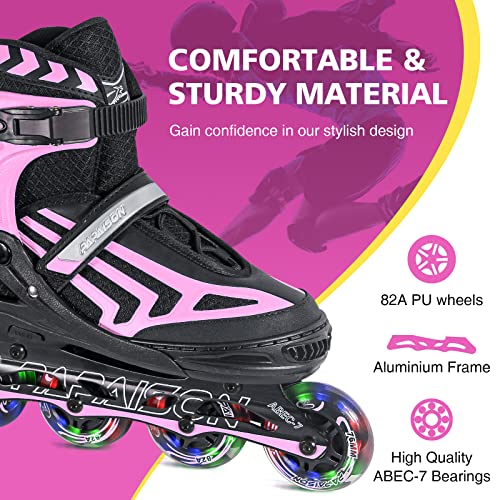 ITurnGlow Kids and Adults Adjustable Inline Skates with Full Light Up Wheels, Safe and Smooth Beginner Rollerblades for Girls and Boys, Men and Women