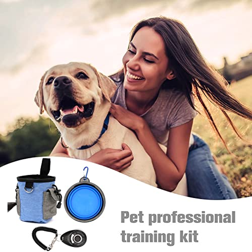 Dog Treat Pouch Bag with Dog Bowl, Pet Training Clicker Puppy Dog Training Snack Bag Built-in Poop Bag Dispenser Zipper Pocket with Adjustable Waist Belt Pouch Hand-Free for Dog Walking Training (Blue)