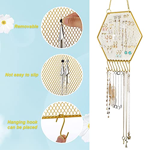 2 Pcs Earring Wall Holder Wall Mounted Earring Organizer Hanging Earring Stand Decorative Diamond Grid Shape Jewelry Display Rack with Hanging Hooks for Earrings Necklace Bracelet (Gold,Hexagon)